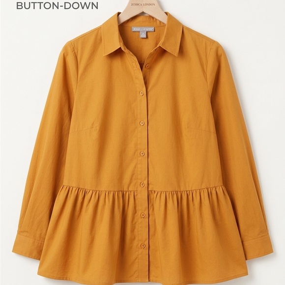 Jessica London Tops - Jessica London Rusty Mustard Button-Down Peplum Shirt
